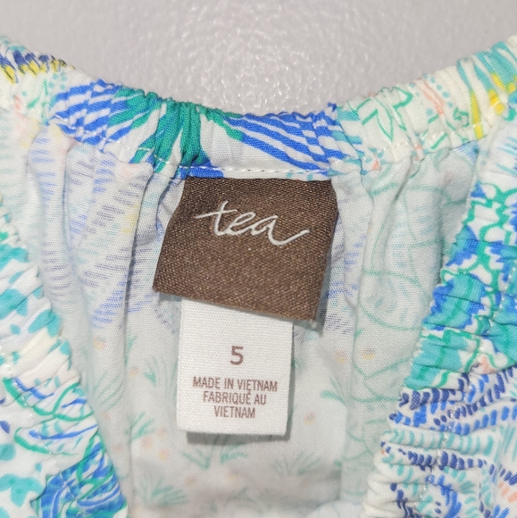 🌴 Tea Collection Off Shoulder Tropical Floral Blue Green Print Dress Girls 5 - Picture 6 of 7